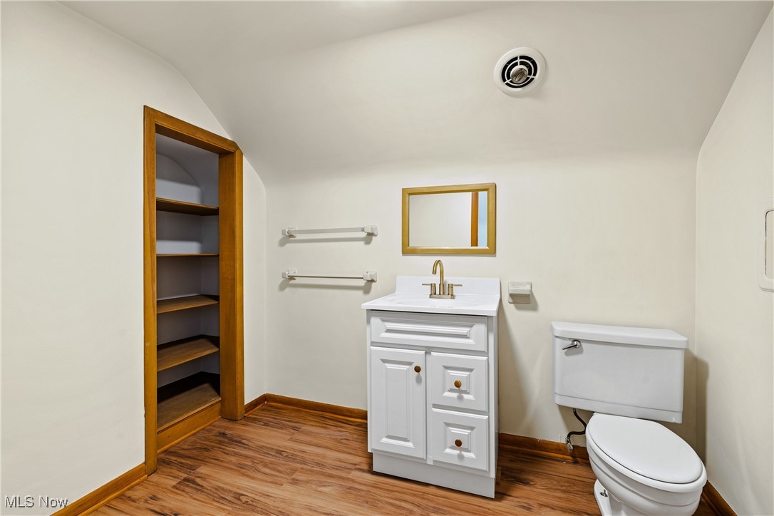 870 Trebisky Road Cleveland, OH 44121 - Photo 36 of 48 Bathroom with vaulted ceiling, hardwood / wood-style flooring, vanity, and toilet