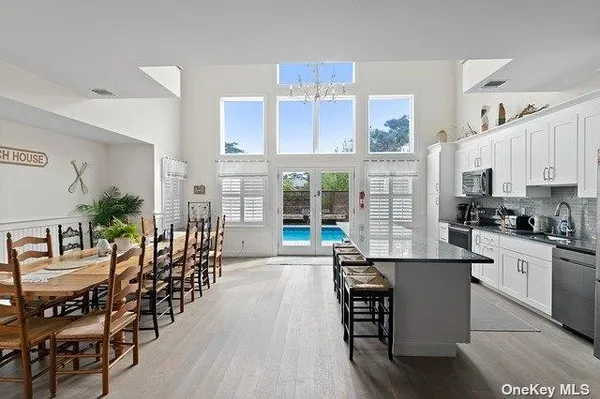 a view of a porch with a chandelier