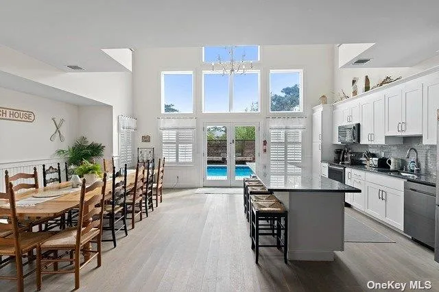a view of a porch with a chandelier