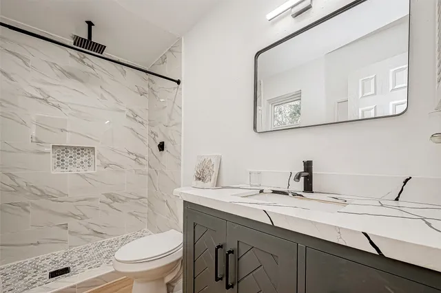 a bathroom with a granite countertop sink toilet and a mirror