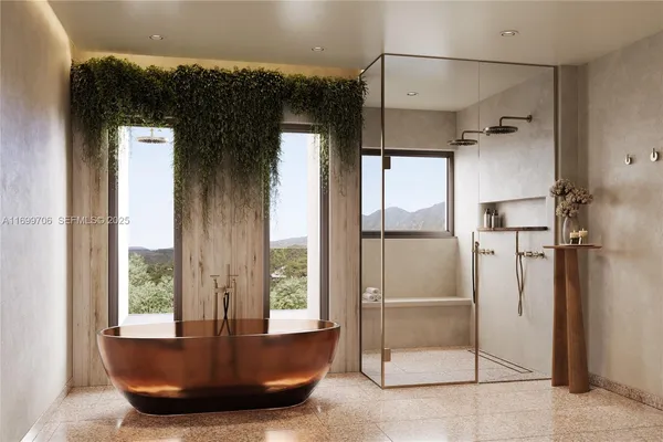 a view of spacious bathroom with a tub shower and mirror