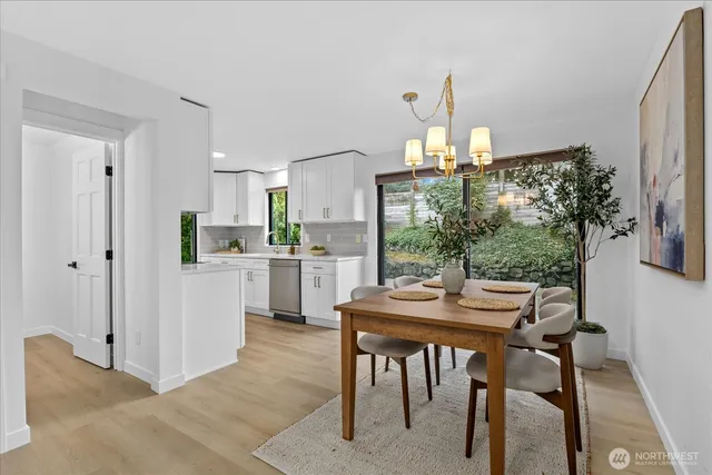 a kitchen with kitchen island a table and chairs in it