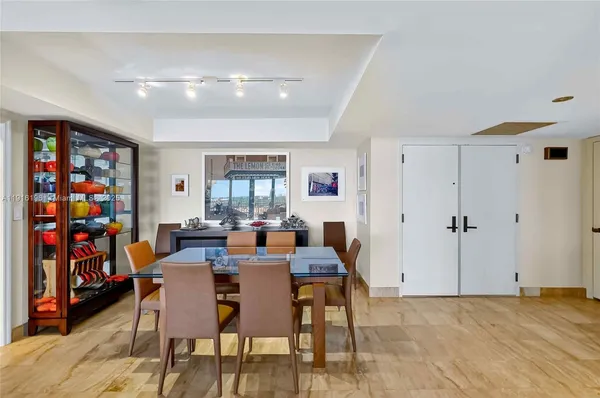 a view of a dining room with furniture