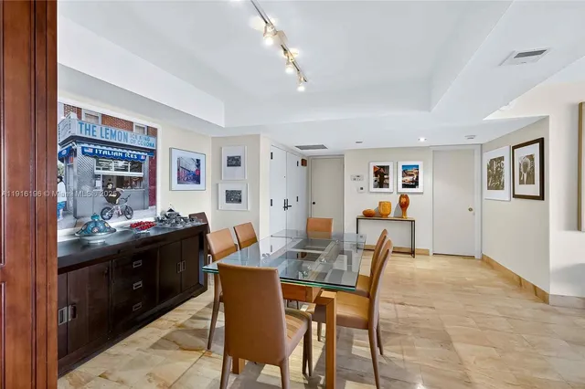 a view of a dining room with furniture