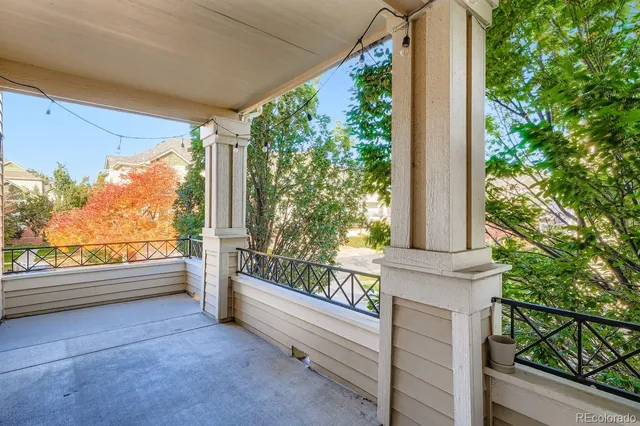 a view of porch with a floor to ceiling window and tree