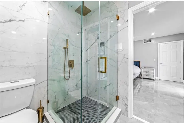 a bathroom with a shower and toilet