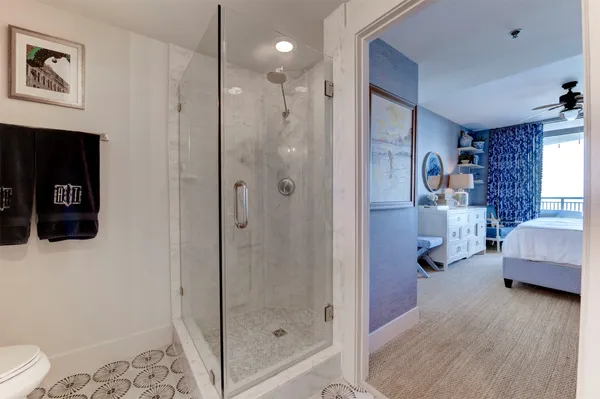 a bathroom with a shower and a toilet