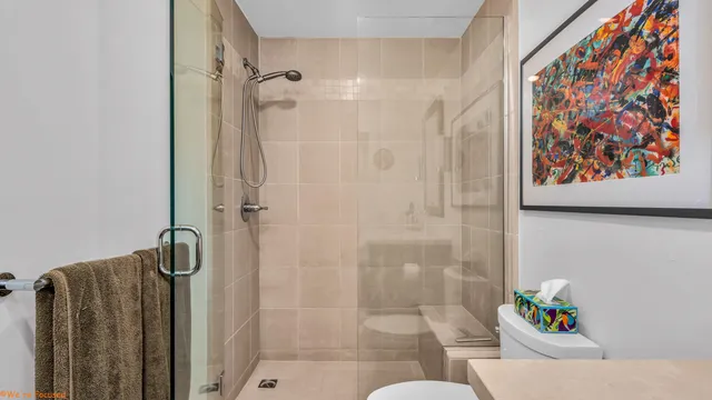 a bathroom with a shower and a toilet