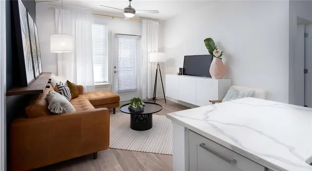 a living room with furniture and a potted plant