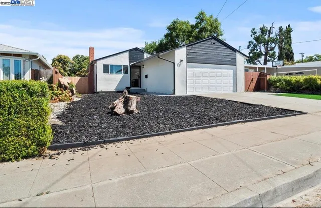 a front view of house with garage and yard