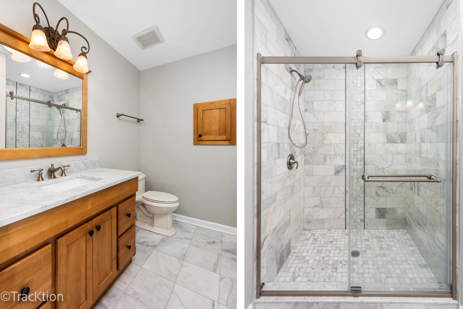 1212 Gartner Road Naperville, IL 60540 - Photo 19 of 32 a bathroom with a granite countertop sink a toilet and shower