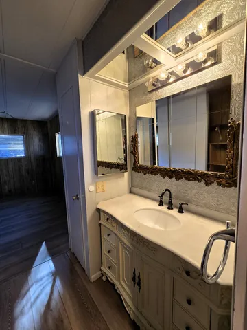a bathroom with a sink and a mirror