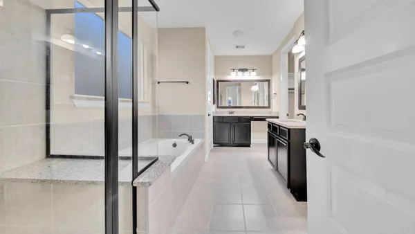 a bathroom with a tub sink shower and mirror