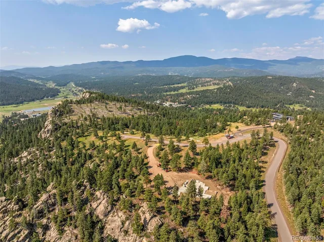 a view of a lush green field with mountains in the background
