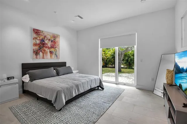 a bedroom with a large bed and a tv