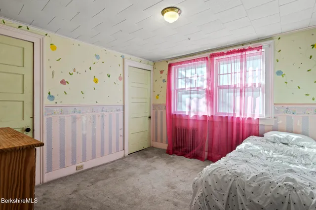 a bedroom with a bed and cabinets