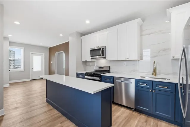 a kitchen with a sink cabinets and stainless steel appliances
