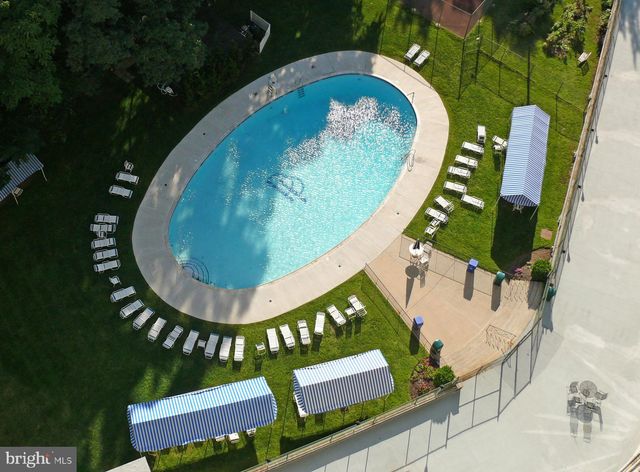 an aerial view of a swimming pool