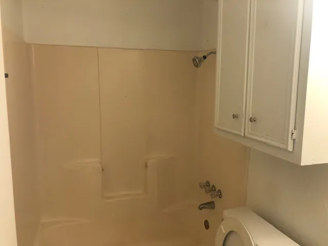 a bathroom with a toilet and shower