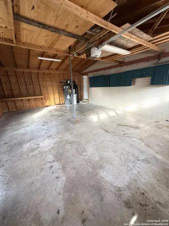 a view of a room with wooden roof