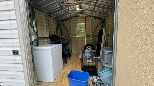 a view of a balcony with a chair