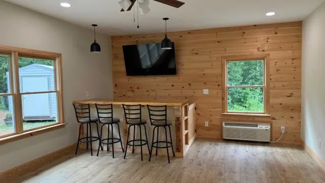 a workspace with furniture and window