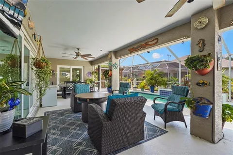 a view of a backyard with plants and a patio