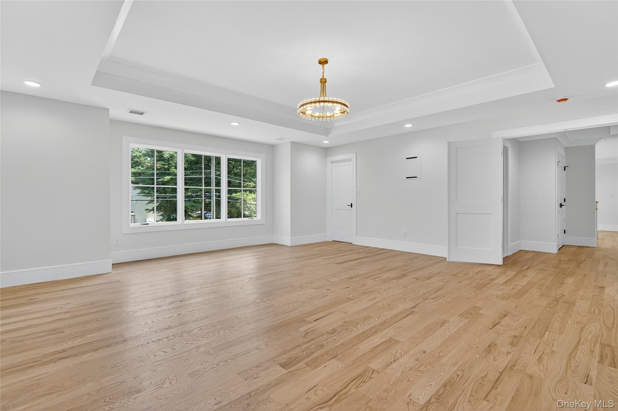 654 Caledonia Road Dix Hills, NY 11746 - Photo 22 of 42 Unfurnished living room with a tray ceiling, recessed lighting, and light wood-type flooring