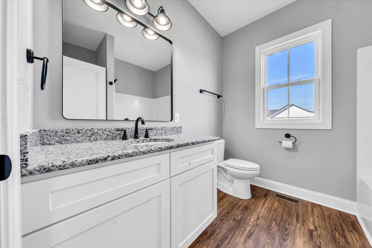 224 Marshall Mill Road Gladys, VA 24554 - Photo 24 of 38 a bathroom with a granite countertop toilet sink and mirror