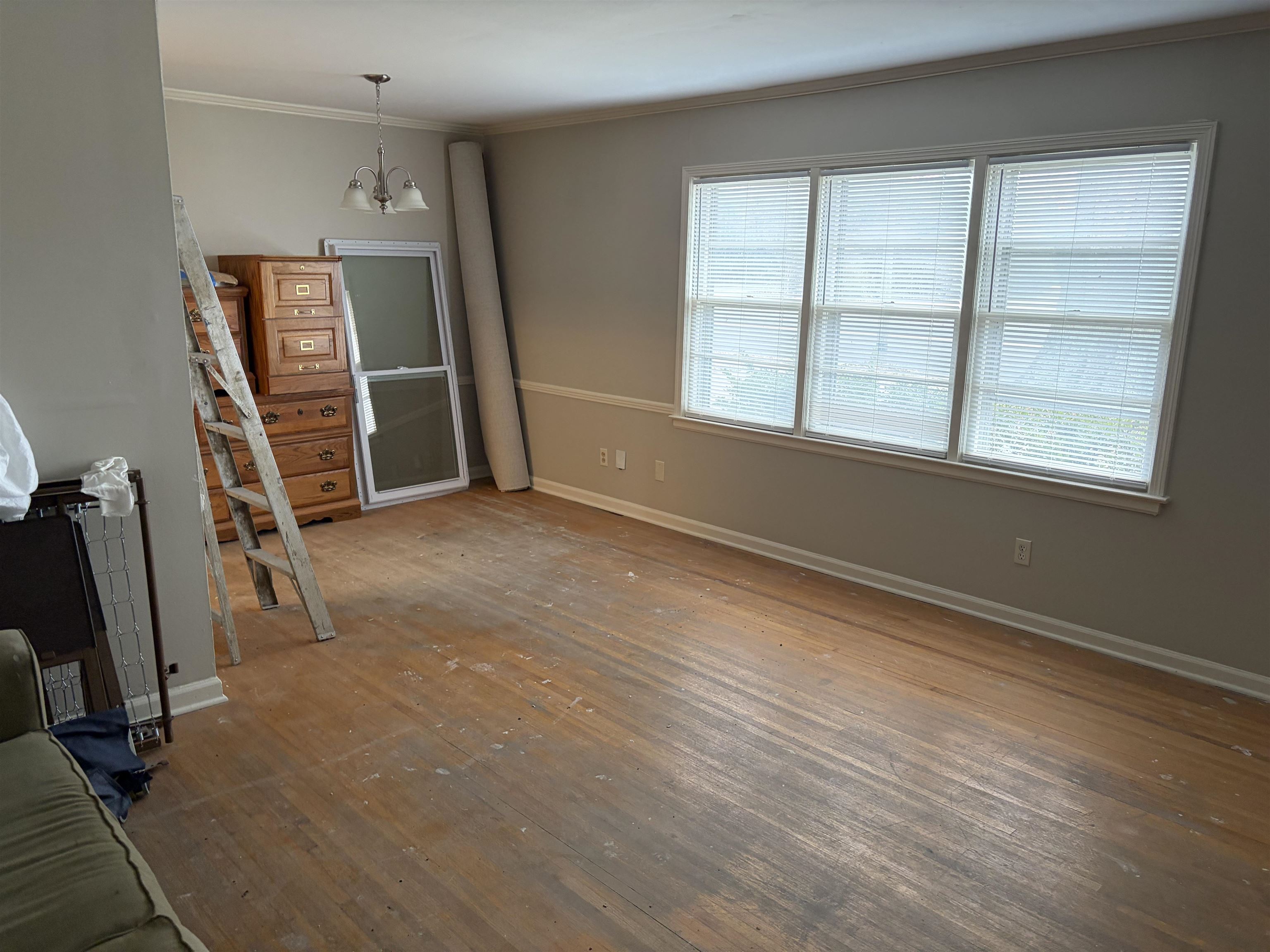4928 Willow Road Memphis, TN 38117 - Photo 11 of 16 Unfurnished living room with hardwood / wood-style flooring, suspended lighting, and ornamental molding