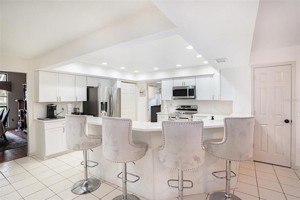 1619 Palace Court Valrico, FL 33594 - Photo 10 of 32 a kitchen with stainless steel appliances kitchen island granite countertop a stove a sink a refrigerator a dining table and chairs with wooden floor