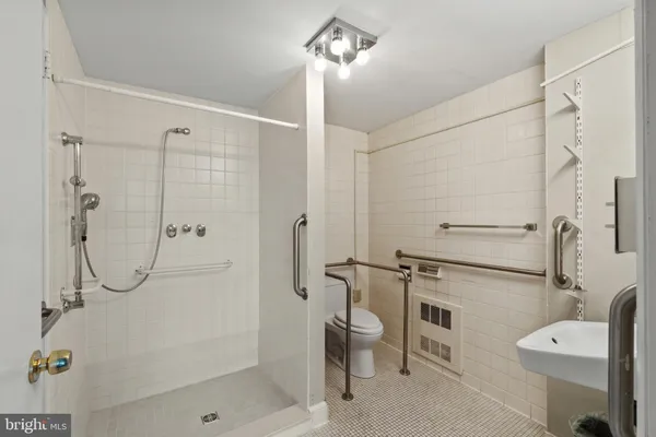 a bathroom with a shower and a toilet