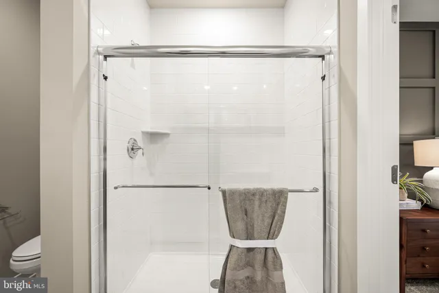 a bathroom with a shower and a toilet