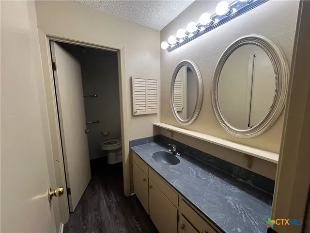 a bathroom with a granite countertop double vanity sink and a mirror