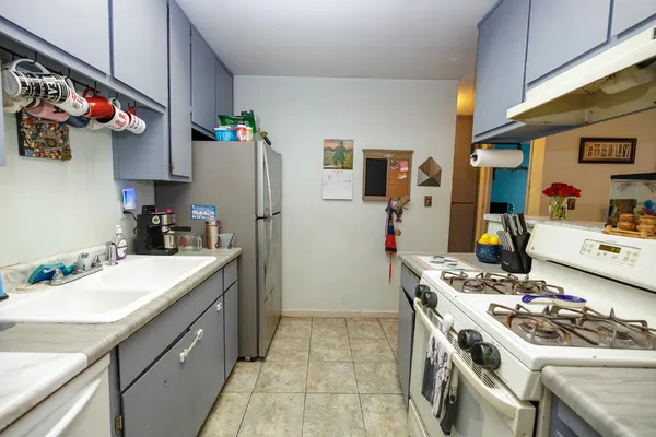 a bathroom with a shower curtain and a sink