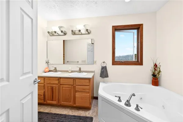 a bathroom with a tub a sink and mirror
