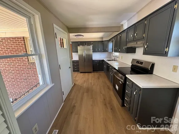 a kitchen with a sink a counter top space and cabinets