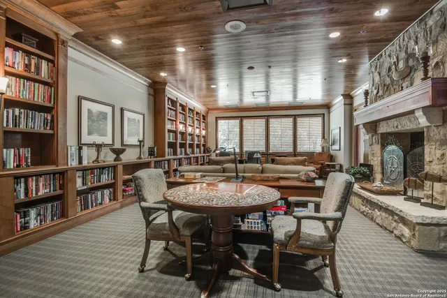a view of a dining room with furniture