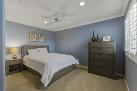a bedroom with a large bed and a chandelier
