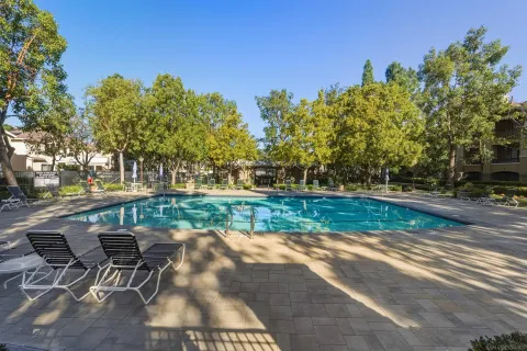 a view of a swimming pool with lounge chairs