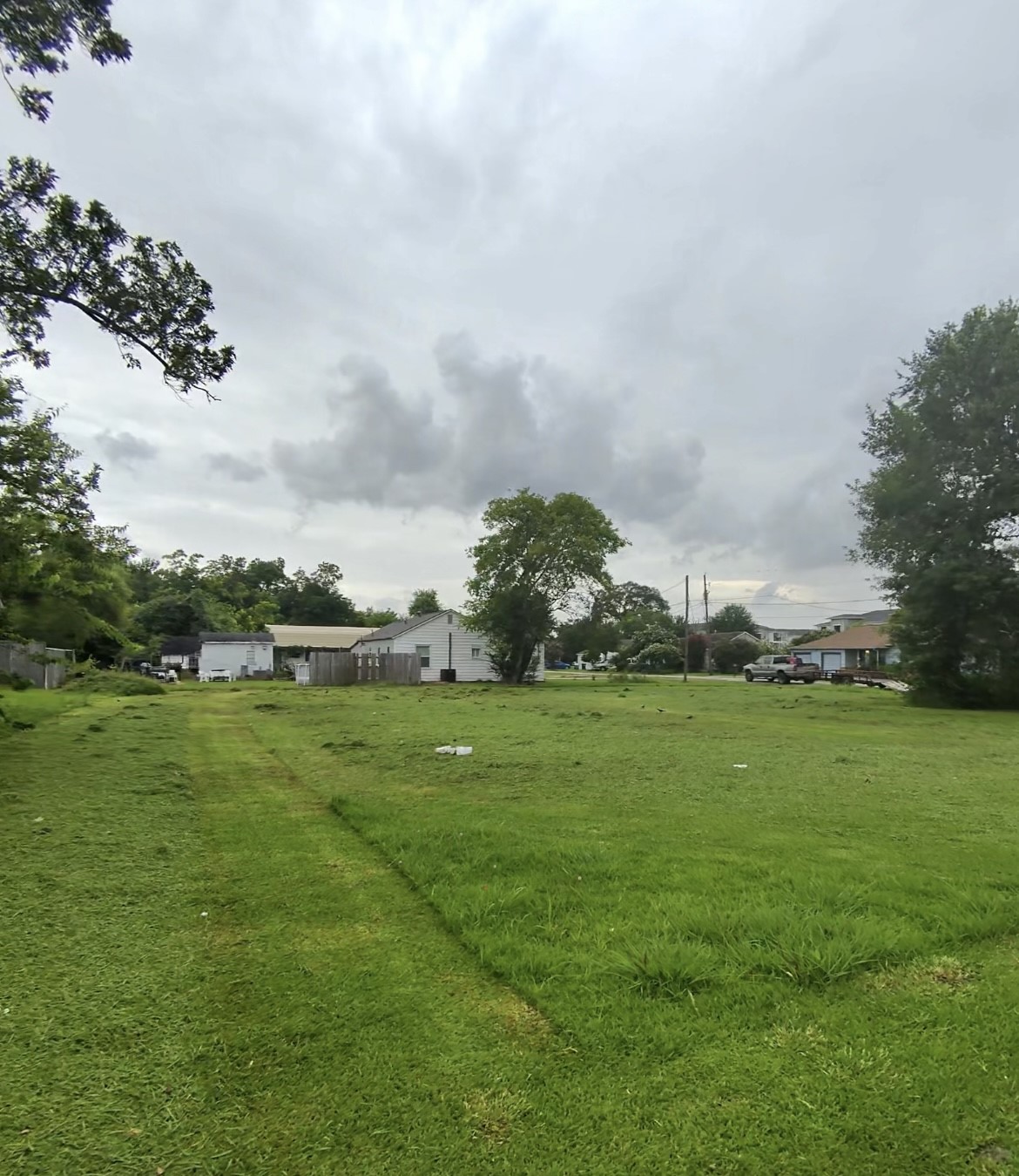a view of a field of grass and trees