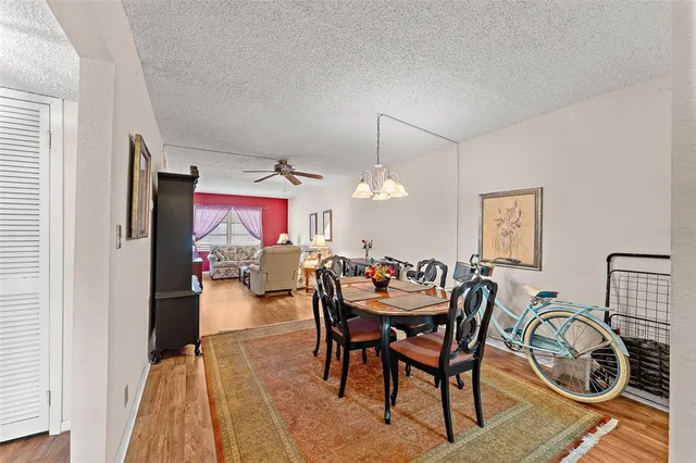 a view of a dining room and livingroom with furniture wooden floor a rug a flat screen tv a painting and a chandelier