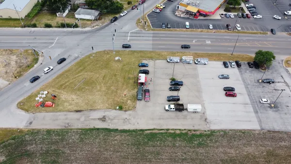 an aerial view of a swimming pool