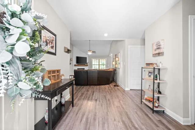 a living room with furniture wooden floor and a potted plant