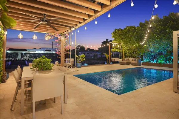 a view of a swimming pool with a patio