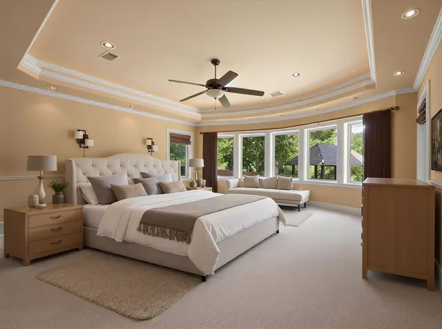 a spacious bedroom with two large bed and a large window