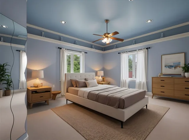 a bedroom with a bed couch and dresser with mirror