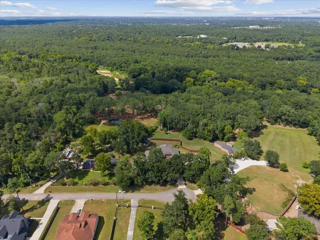 an aerial view of residential houses with outdoor space and trees