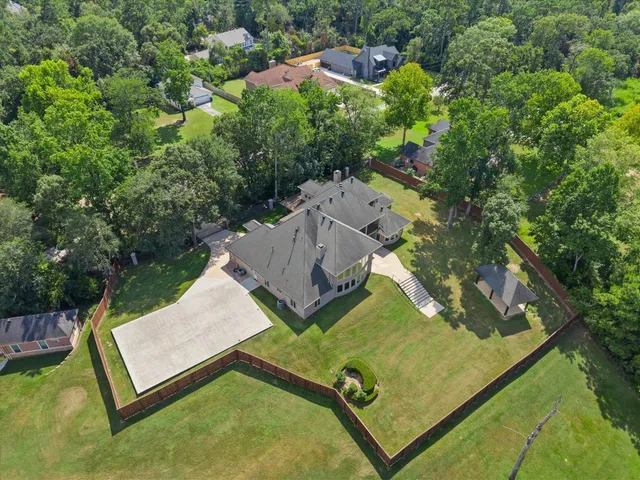 an aerial view of a pool