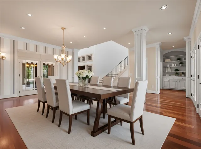a view of a dining room with furniture and wooden floor